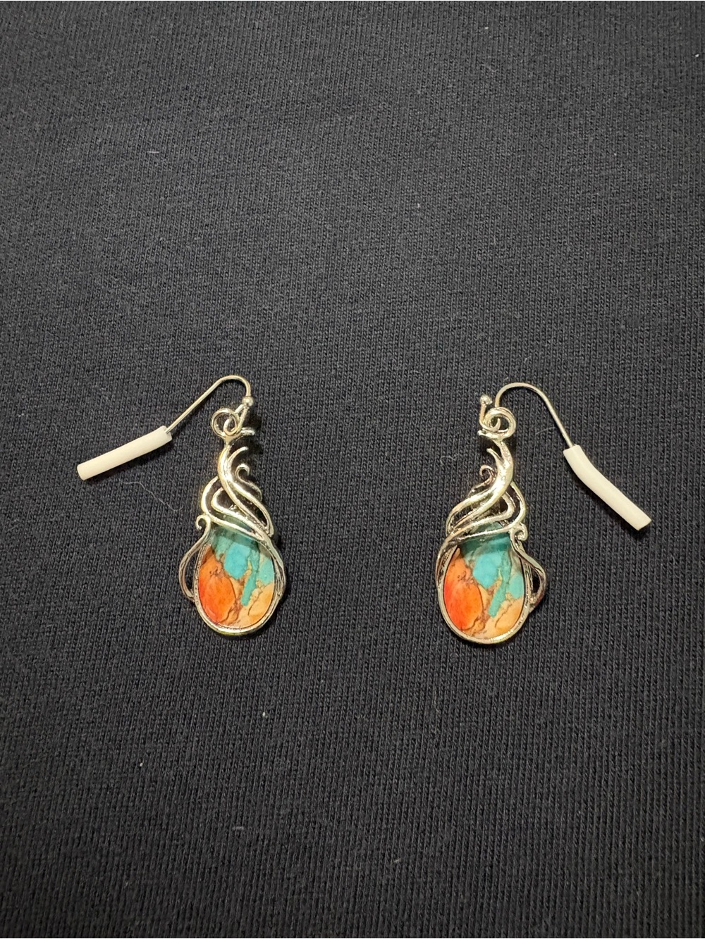 Handcrafted Turquoise & Orange Teardrop Dangle Earrings - Gold Tone